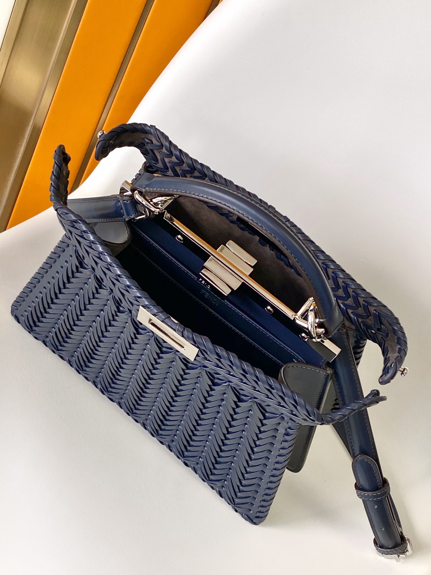 Fendi Peekaboo ISeeU Small Navy Blue Interlace Leather Bag